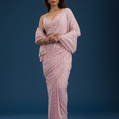 Baby Pink Sequins Georgette Saree
