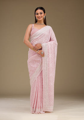 Baby Pink Sequins Georgette Saree