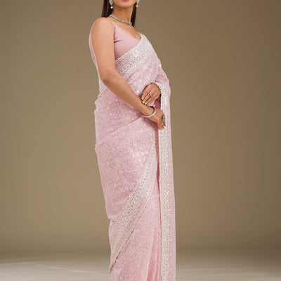 Baby Pink Sequins Georgette Saree