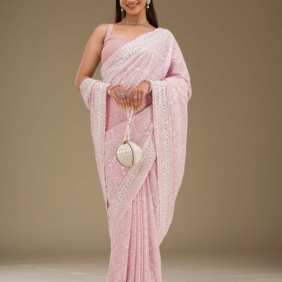 Baby Pink Sequins Georgette Saree