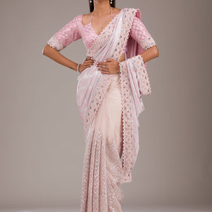 Baby Pink Sequins Semi Crepe Saree