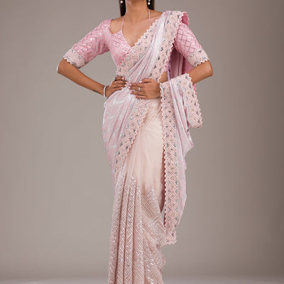Baby Pink Sequins Semi Crepe Saree
