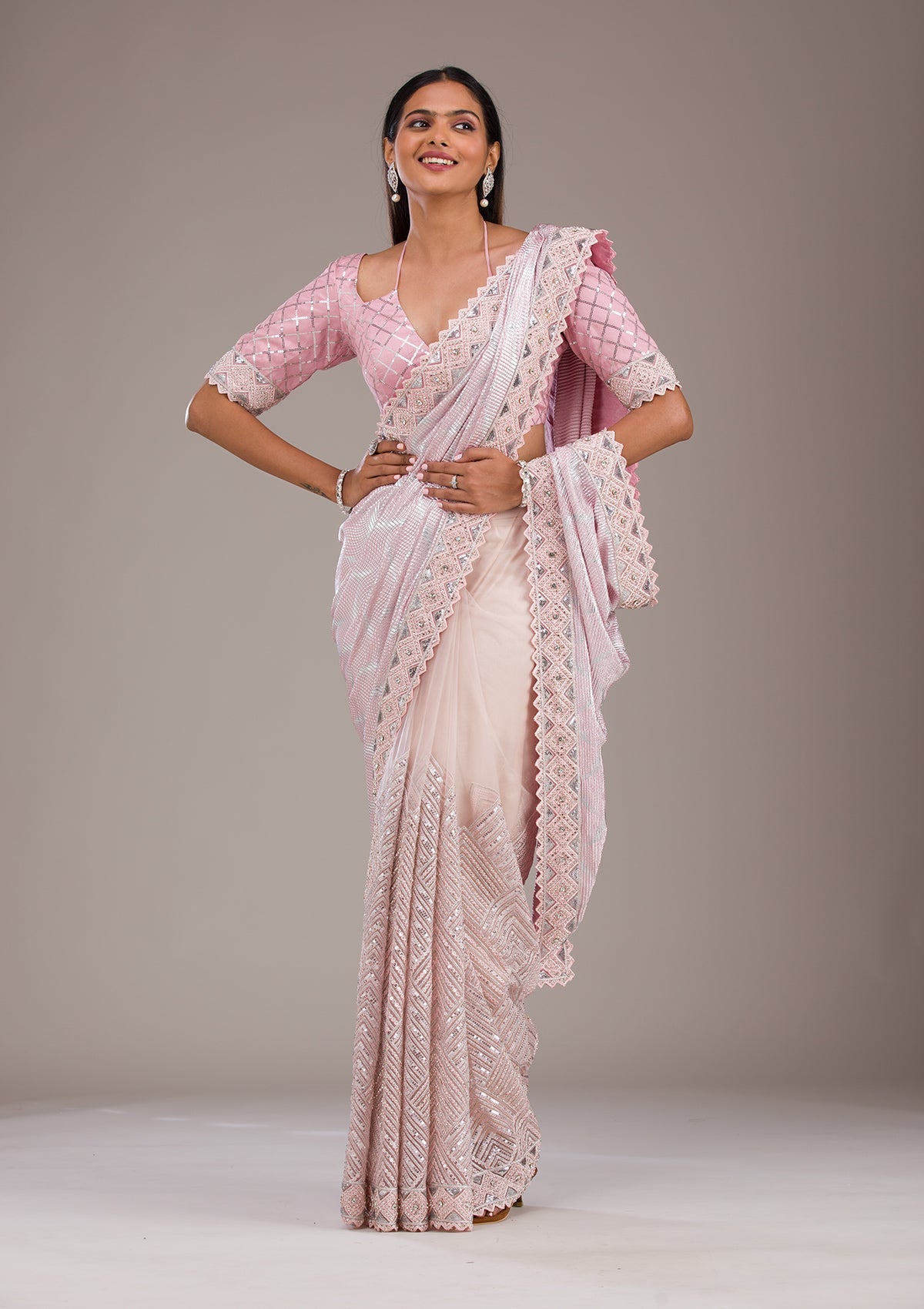 Baby Pink Sequins Semi Crepe Saree