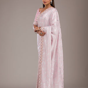 Baby Pink Sequins Semi Crepe Saree