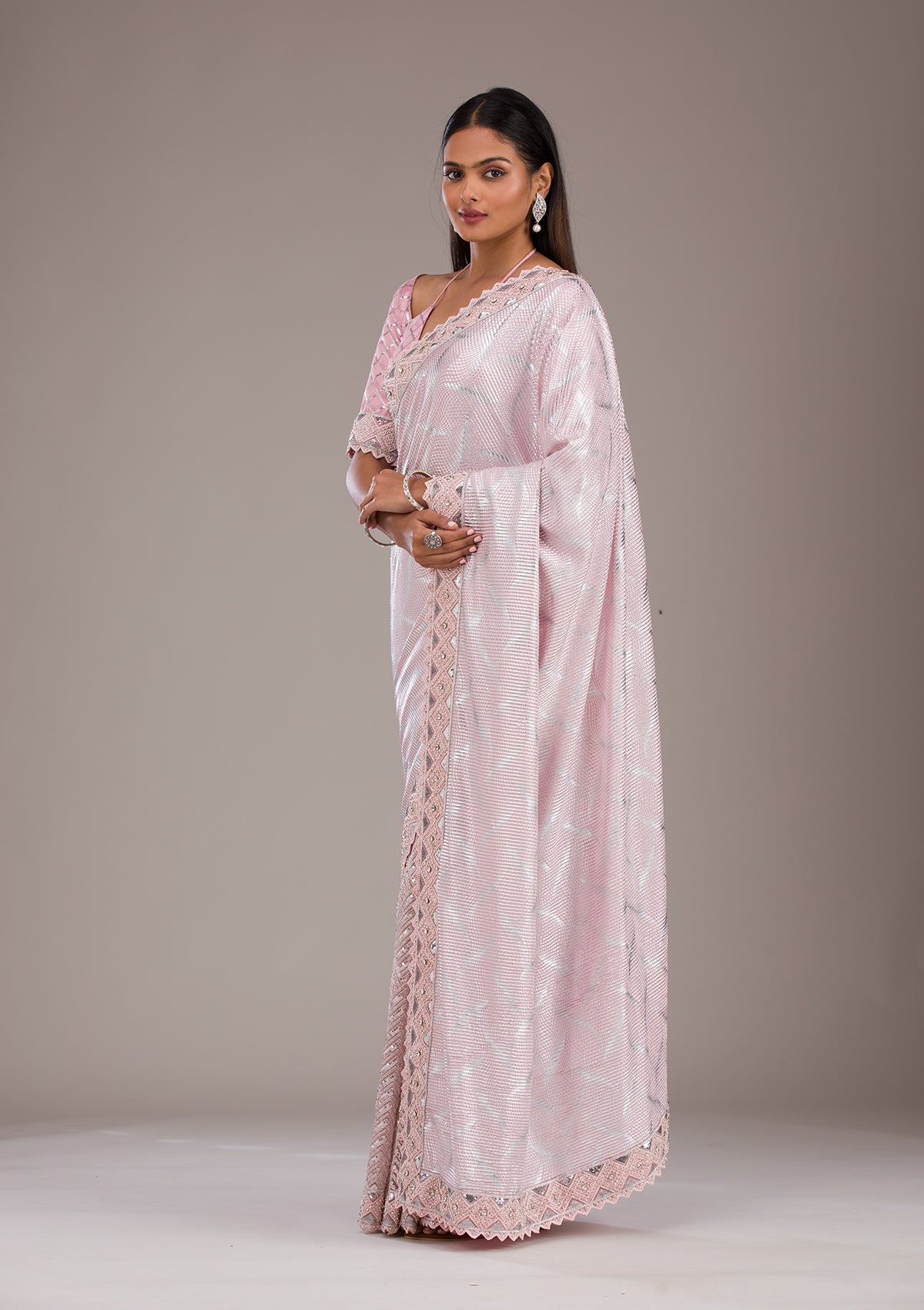 Baby Pink Sequins Semi Crepe Saree