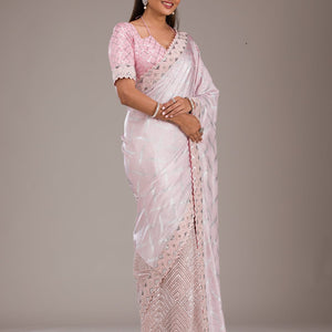 Baby Pink Sequins Semi Crepe Saree