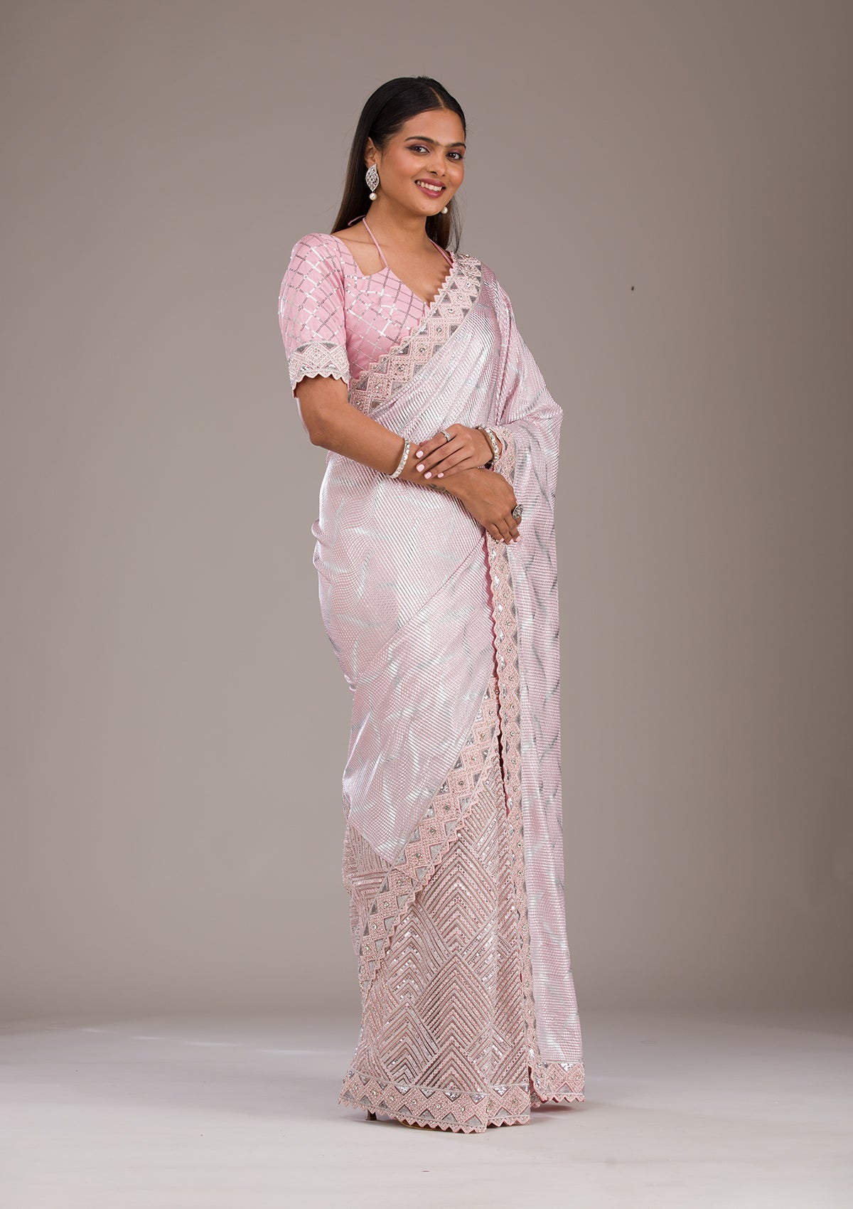 Baby Pink Sequins Semi Crepe Saree