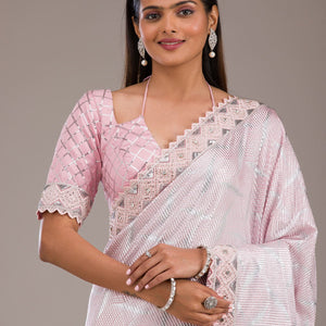 Baby Pink Sequins Semi Crepe Saree