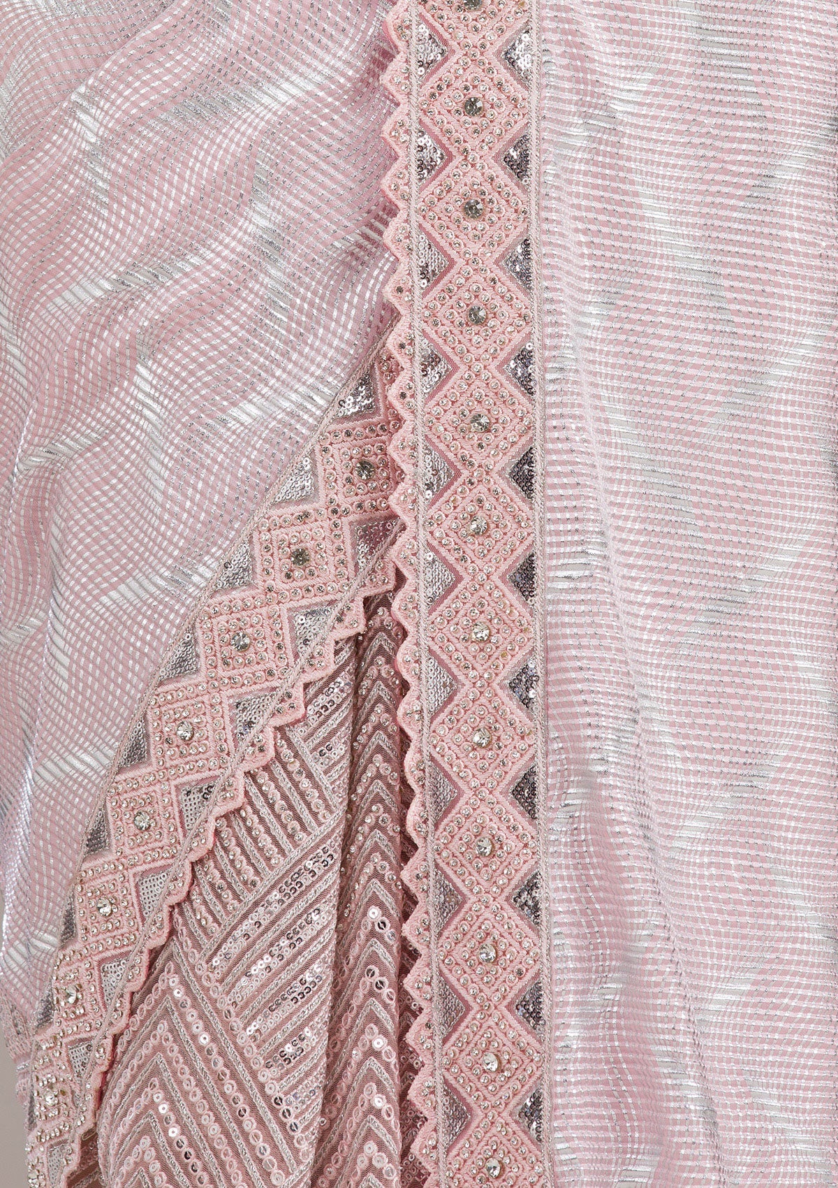 Baby Pink Sequins Semi Crepe Saree