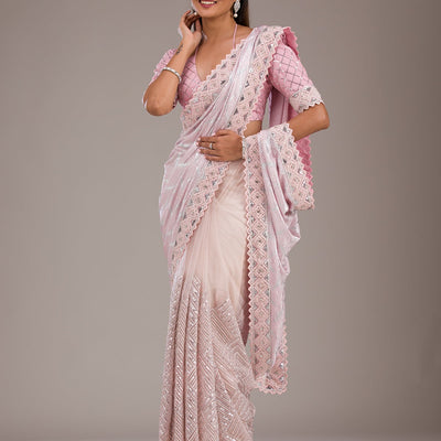 Baby Pink Sequins Semi Crepe Saree