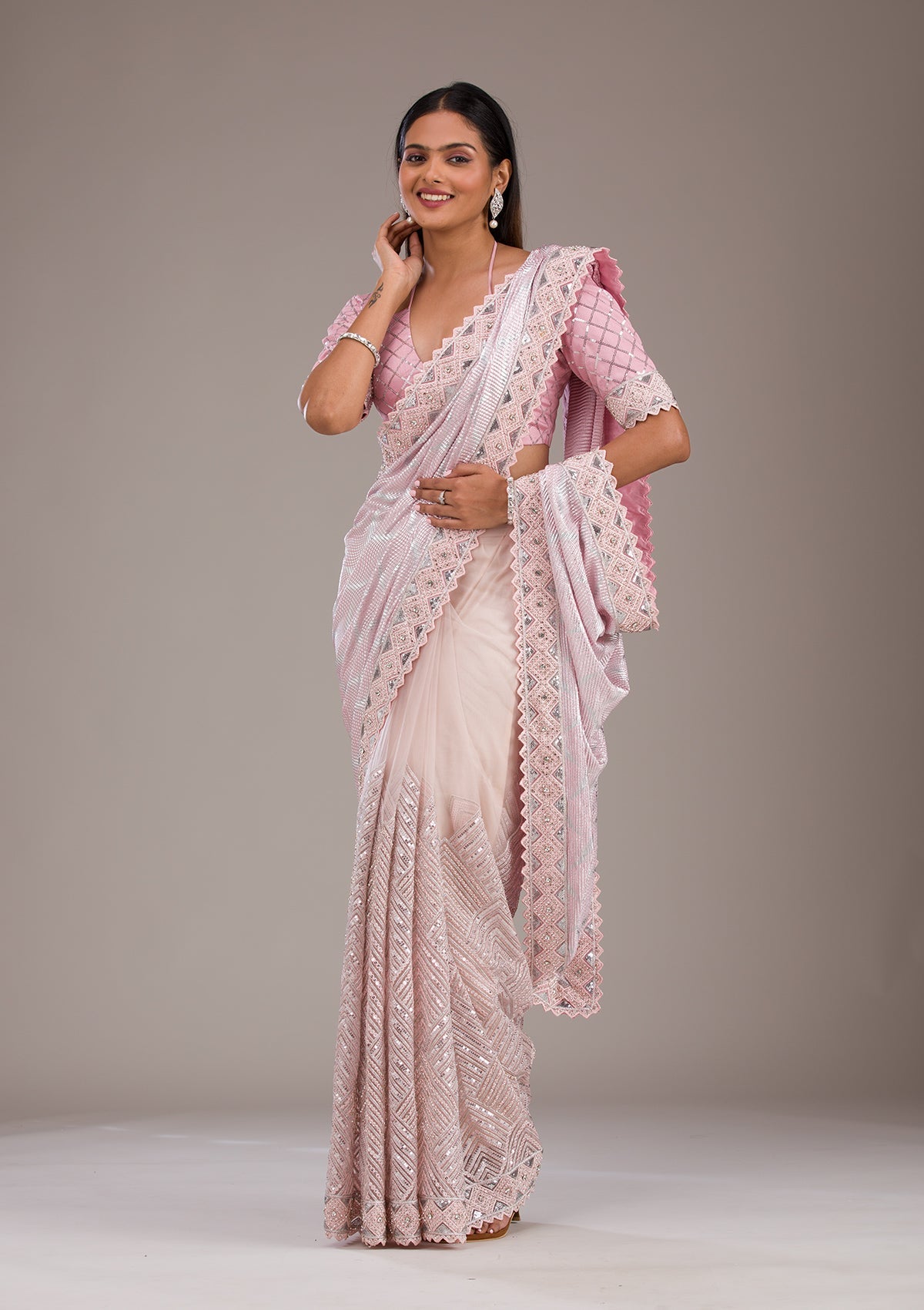 Baby Pink Sequins Semi Crepe Saree