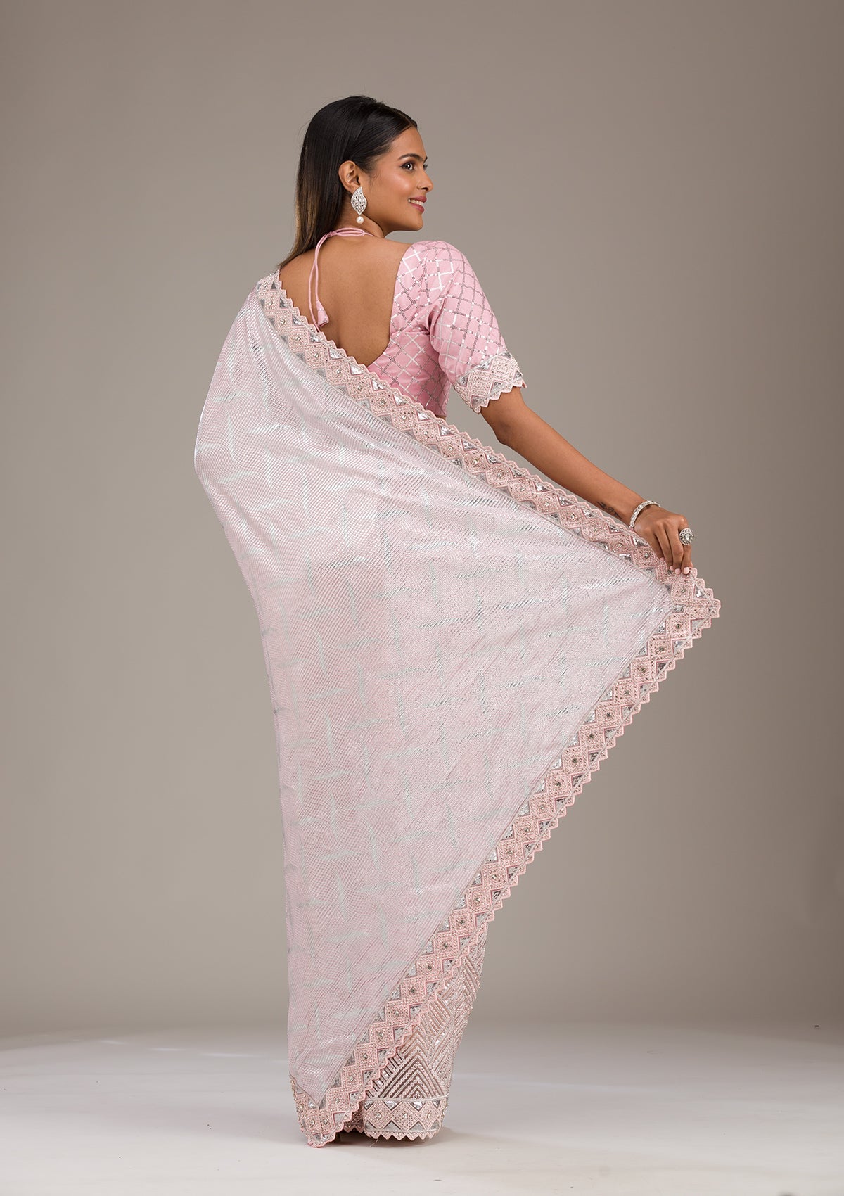 Baby Pink Sequins Semi Crepe Saree