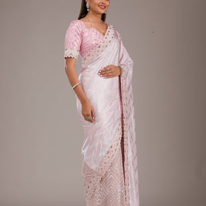 Baby Pink Sequins Semi Crepe Saree
