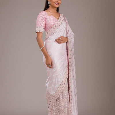 Baby Pink Sequins Semi Crepe Saree
