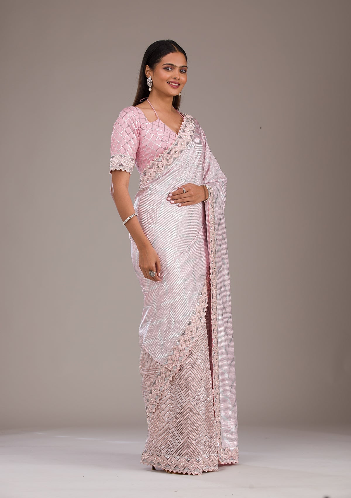 Baby Pink Sequins Semi Crepe Saree
