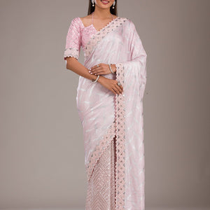 Baby Pink Sequins Semi Crepe Saree