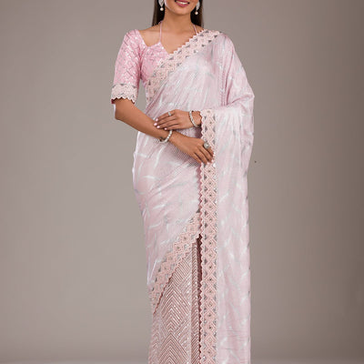 Baby Pink Sequins Semi Crepe Saree