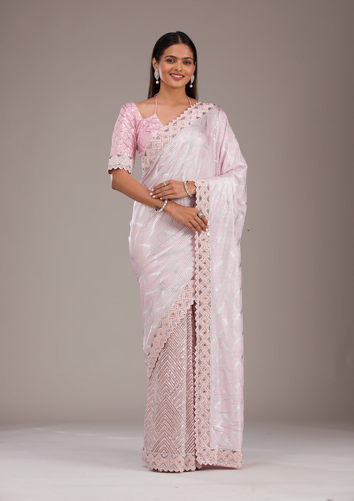 Baby Pink Sequins Semi Crepe Saree