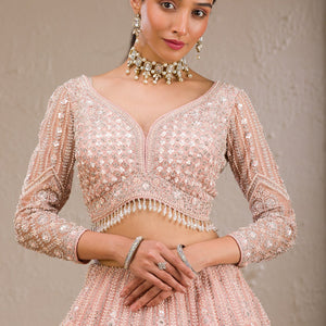 Baby Pink Silver Stonework Net Readymade Lehenga