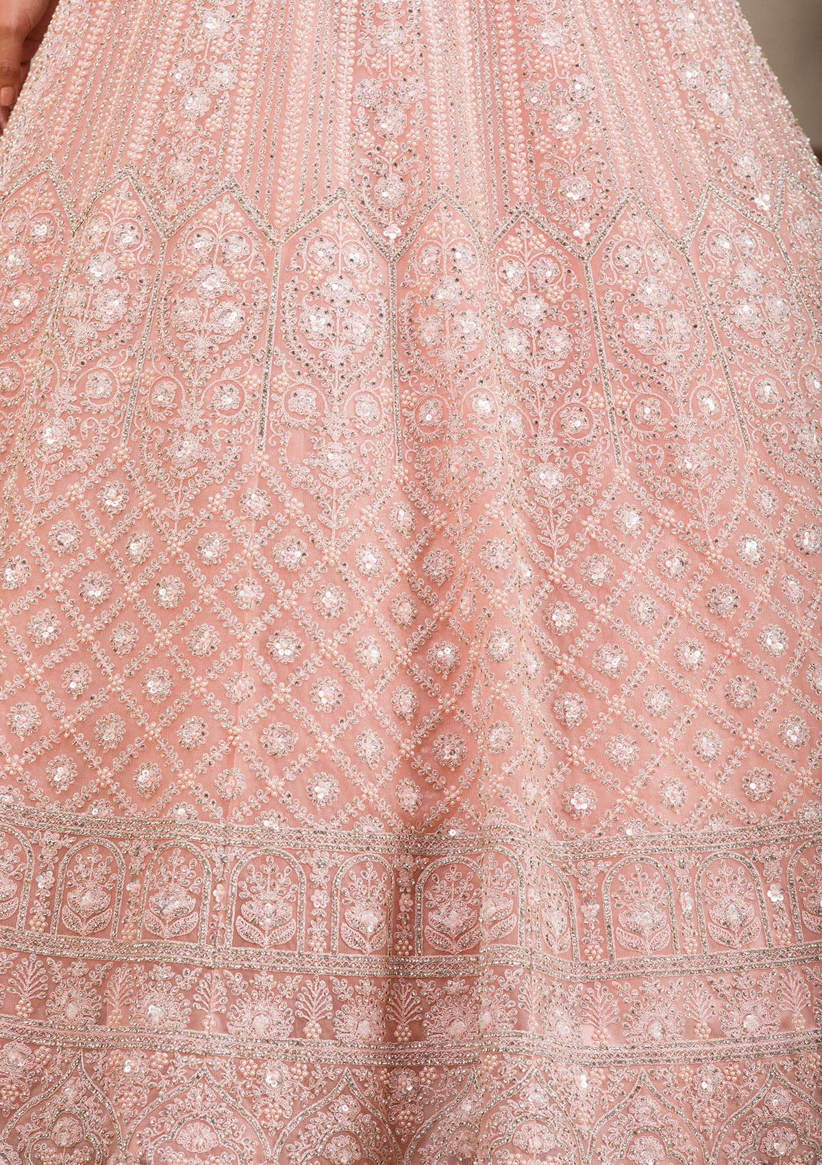 Baby Pink Silver Stonework Net Readymade Lehenga