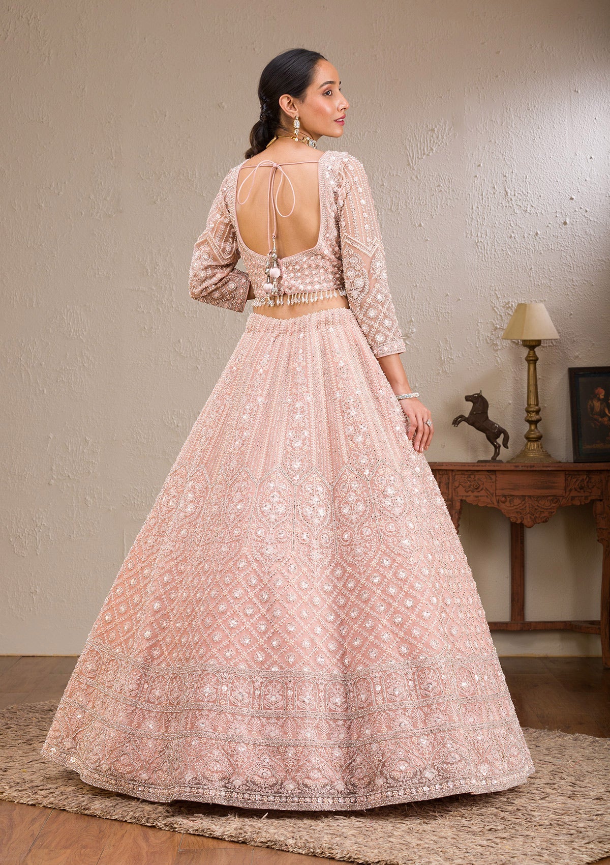 Baby Pink Silver Stonework Net Readymade Lehenga