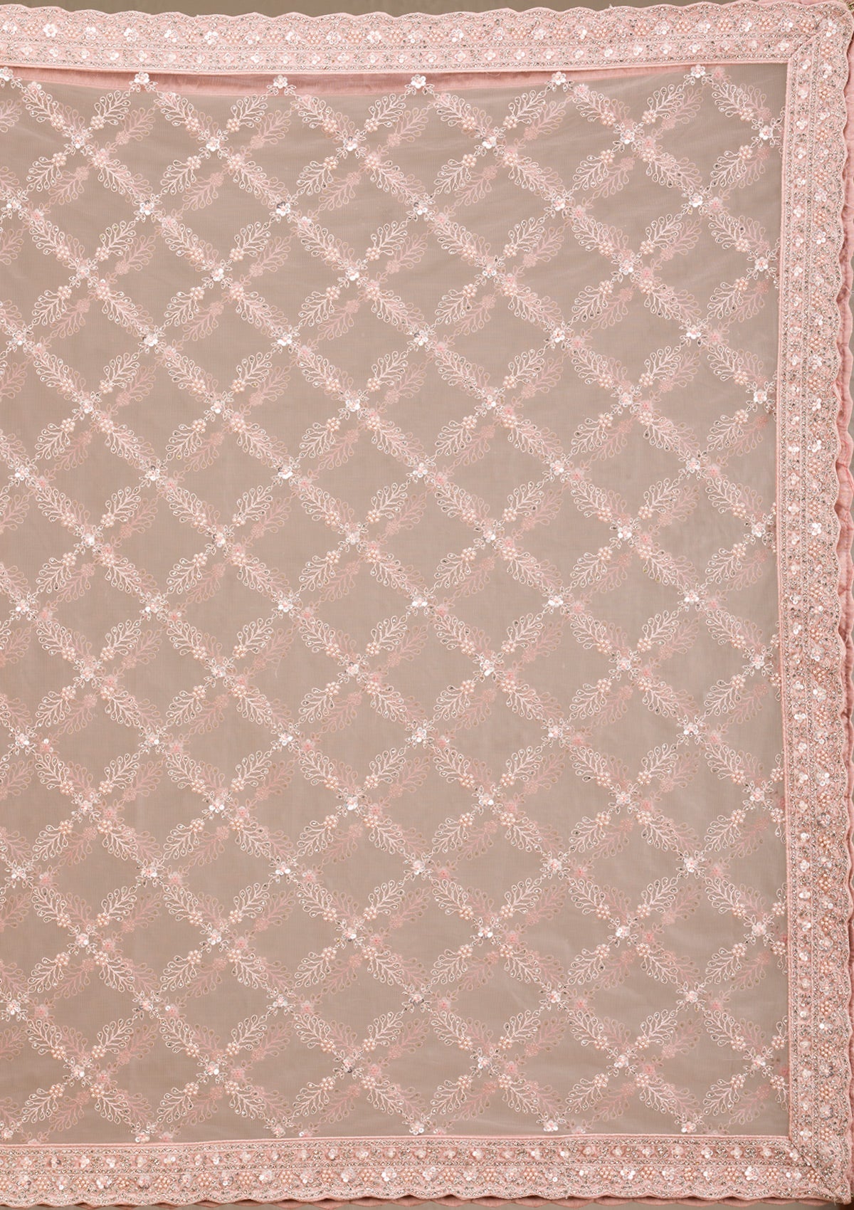 Baby Pink Silver Stonework Net Readymade Lehenga