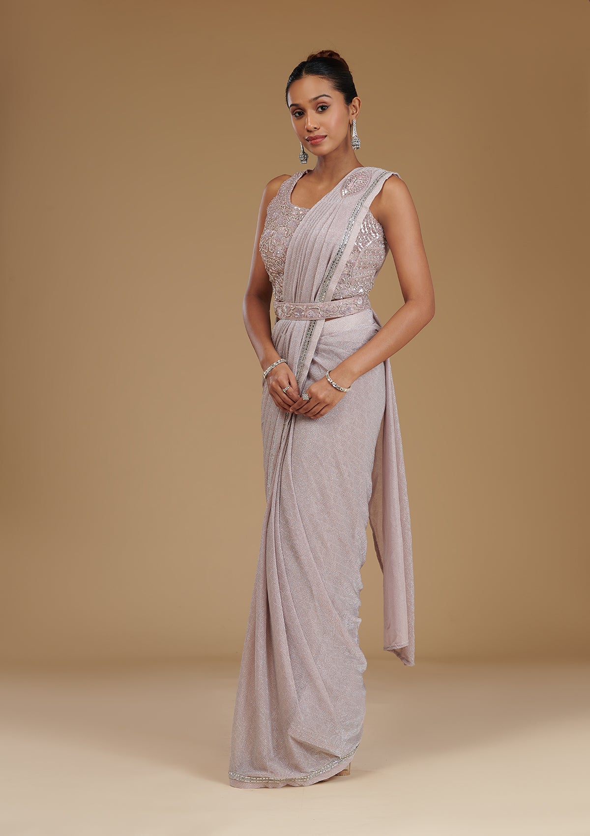 Baby Pink Stonework Chiffon Readymade Saree