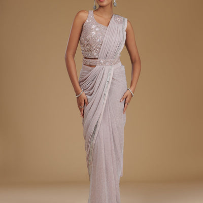 Baby Pink Stonework Chiffon Readymade Saree
