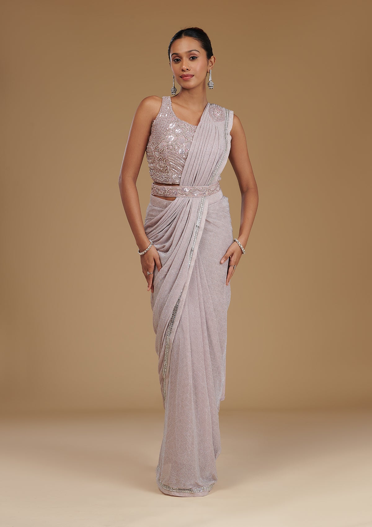 Baby Pink Stonework Chiffon Readymade Saree