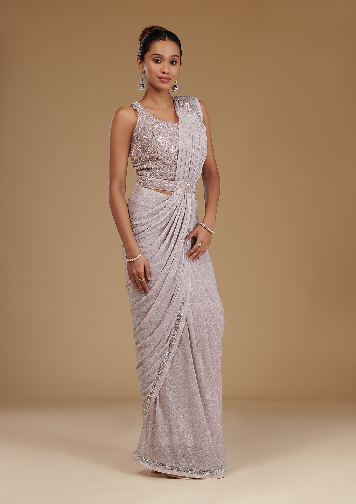 Baby Pink Stonework Chiffon Readymade Saree