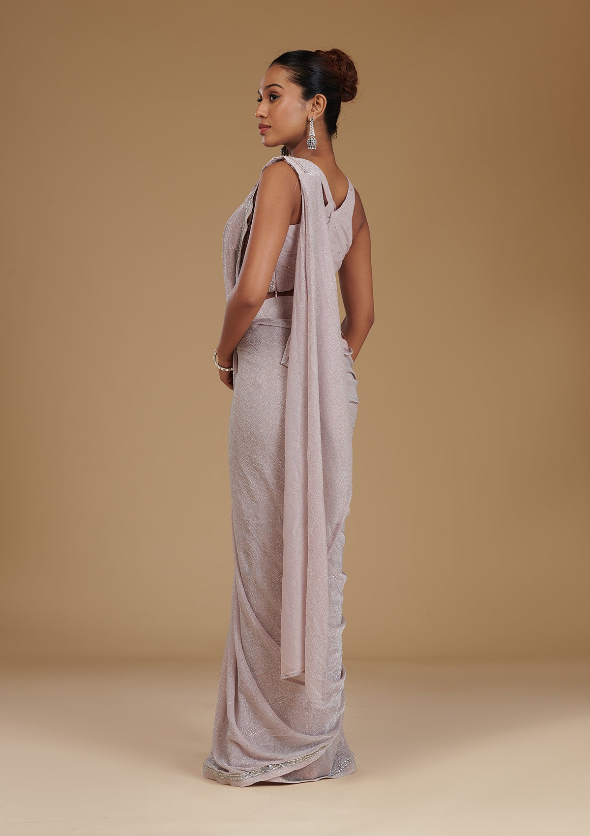 Baby Pink Stonework Chiffon Readymade Saree