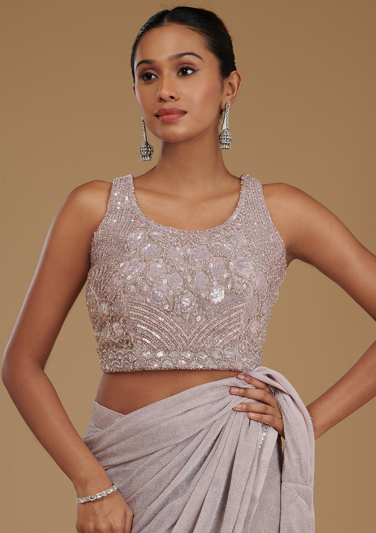 Baby Pink Stonework Chiffon Readymade Saree