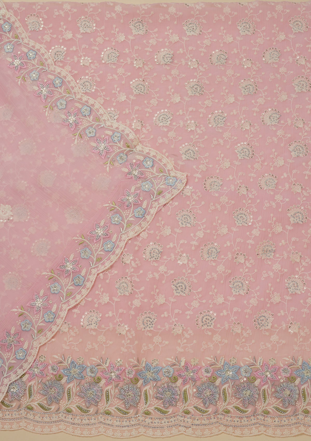 Baby Pink Threadwork Chiffon Unstitched Salwar Suit