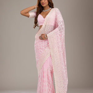 Baby Pink Threadwork Georgette Saree
