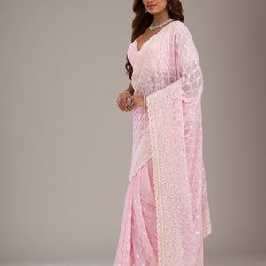 Baby Pink Threadwork Georgette Saree