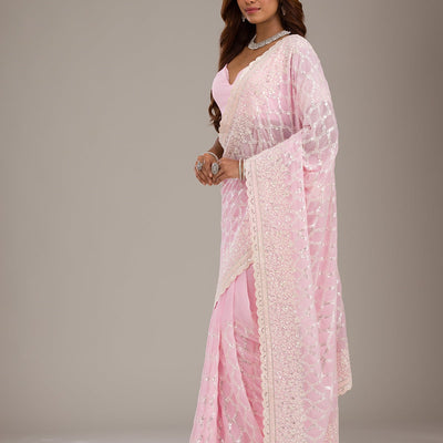 Baby Pink Threadwork Georgette Saree