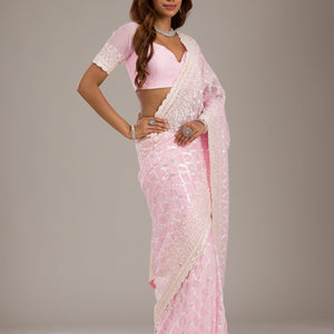 Baby Pink Threadwork Georgette Saree
