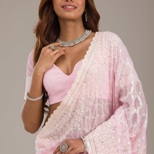 Baby Pink Threadwork Georgette Saree