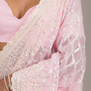 Baby Pink Threadwork Georgette Saree