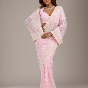 Baby Pink Threadwork Georgette Saree