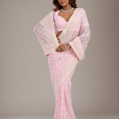 Baby Pink Threadwork Georgette Saree