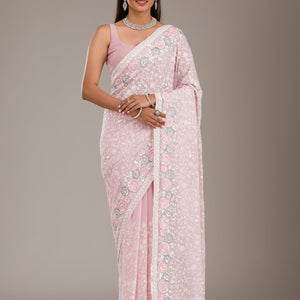 Baby Pink Threadwork Georgette Saree