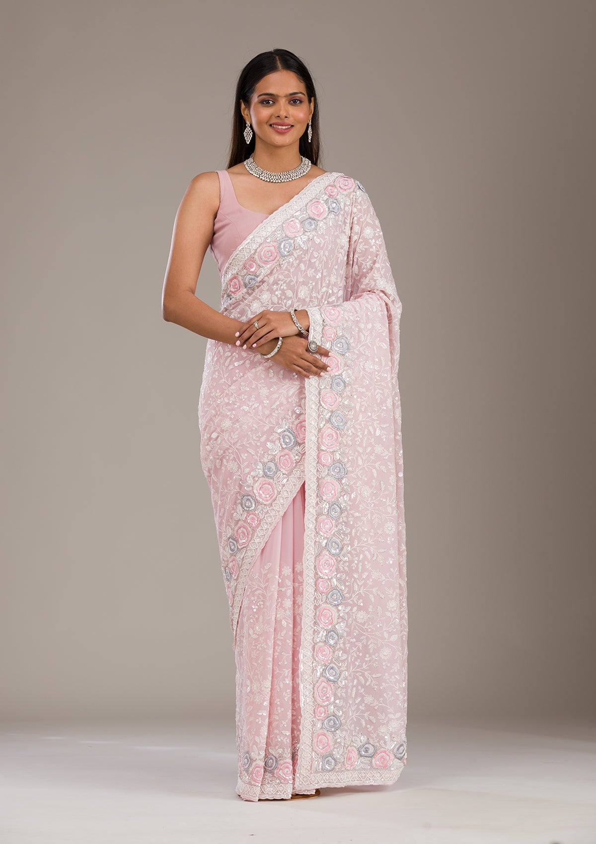 Baby Pink Threadwork Georgette Saree