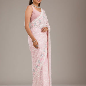 Baby Pink Threadwork Georgette Saree