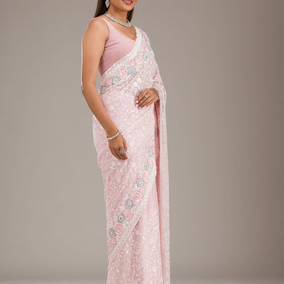 Baby Pink Threadwork Georgette Saree