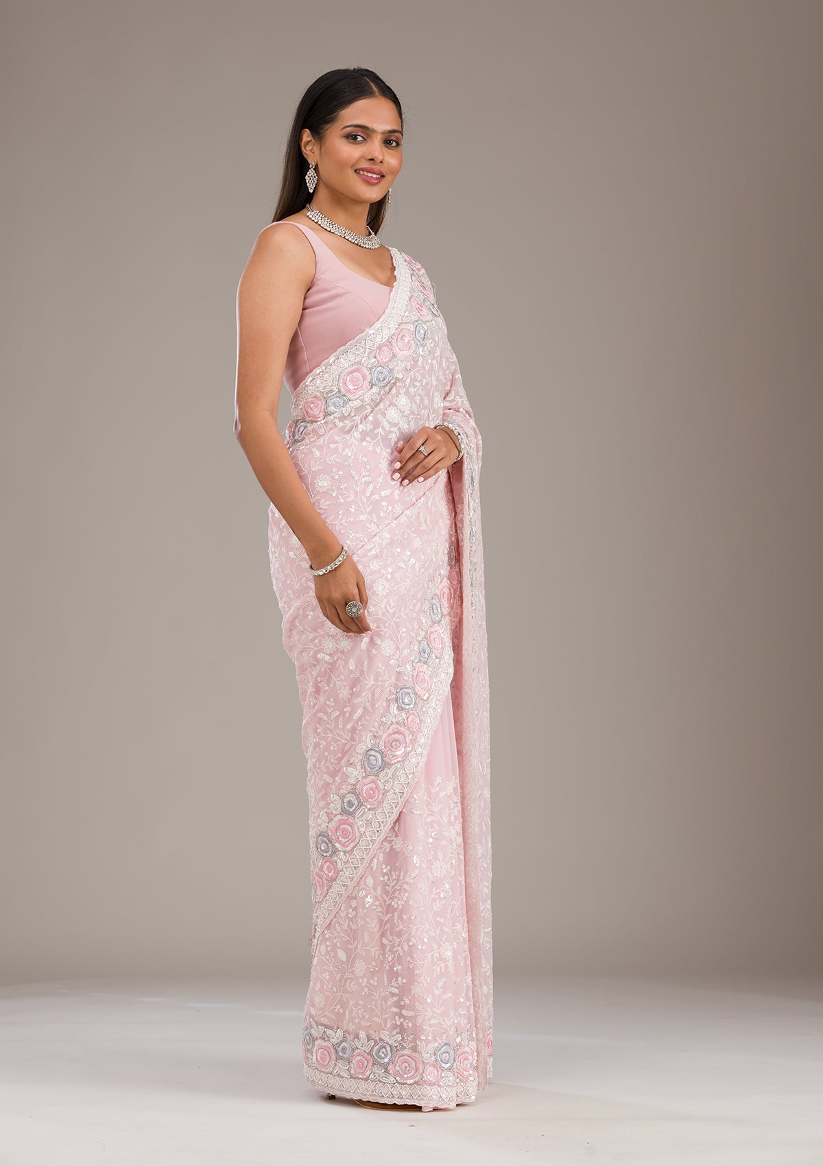 Baby Pink Threadwork Georgette Saree