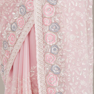 Baby Pink Threadwork Georgette Saree