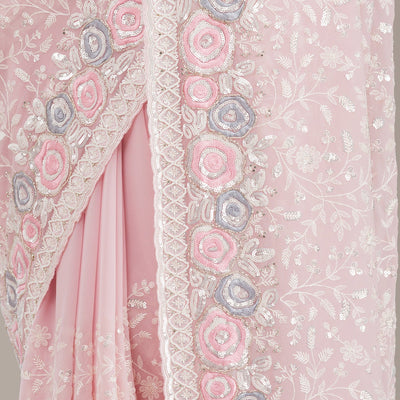 Baby Pink Threadwork Georgette Saree