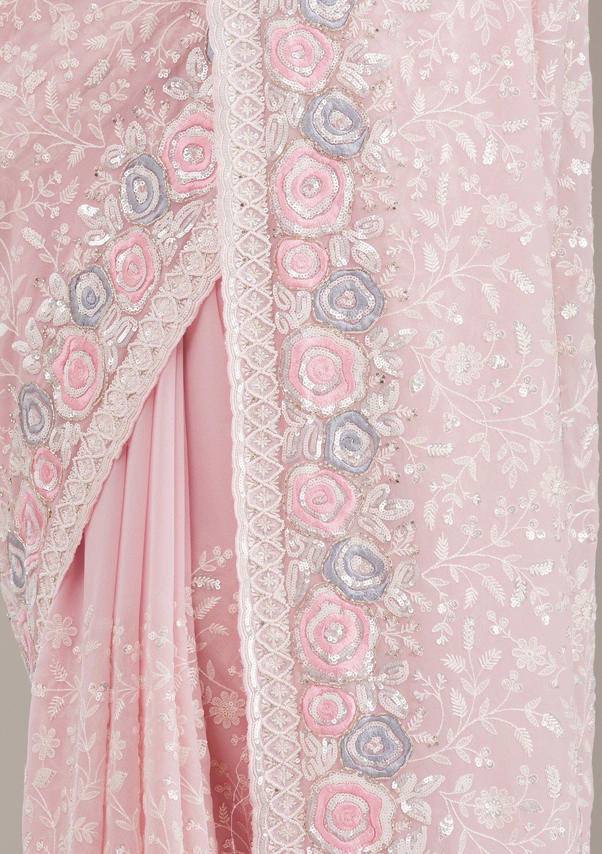 Baby Pink Threadwork Georgette Saree