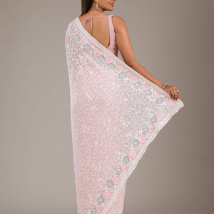Baby Pink Threadwork Georgette Saree
